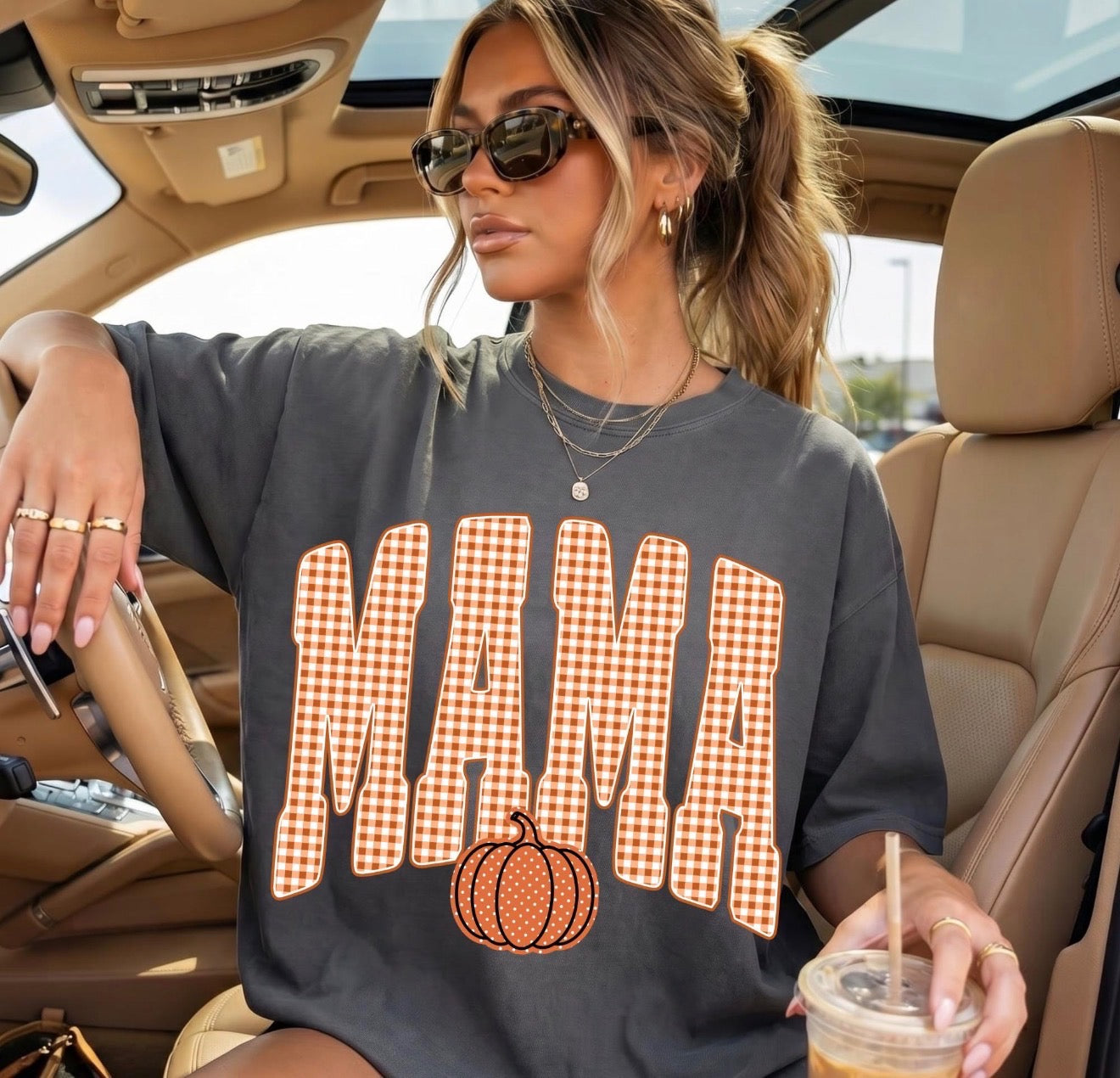 Comfort Colors Mama Fall Tee | Orange Plaid Pumpkin Shirt for Moms
