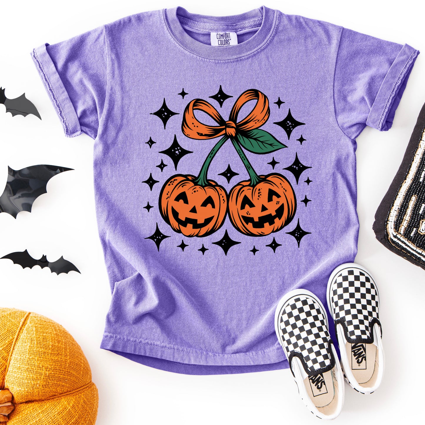 "Pumpkins & Bows” Kids Fall Tee | Purple Comfort Colors Shirt
