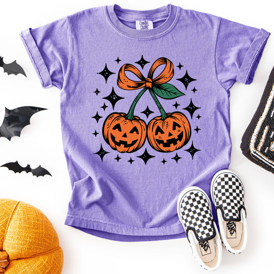 "Pumpkins & Bows” Kids Fall Tee | Purple Comfort Colors Shirt