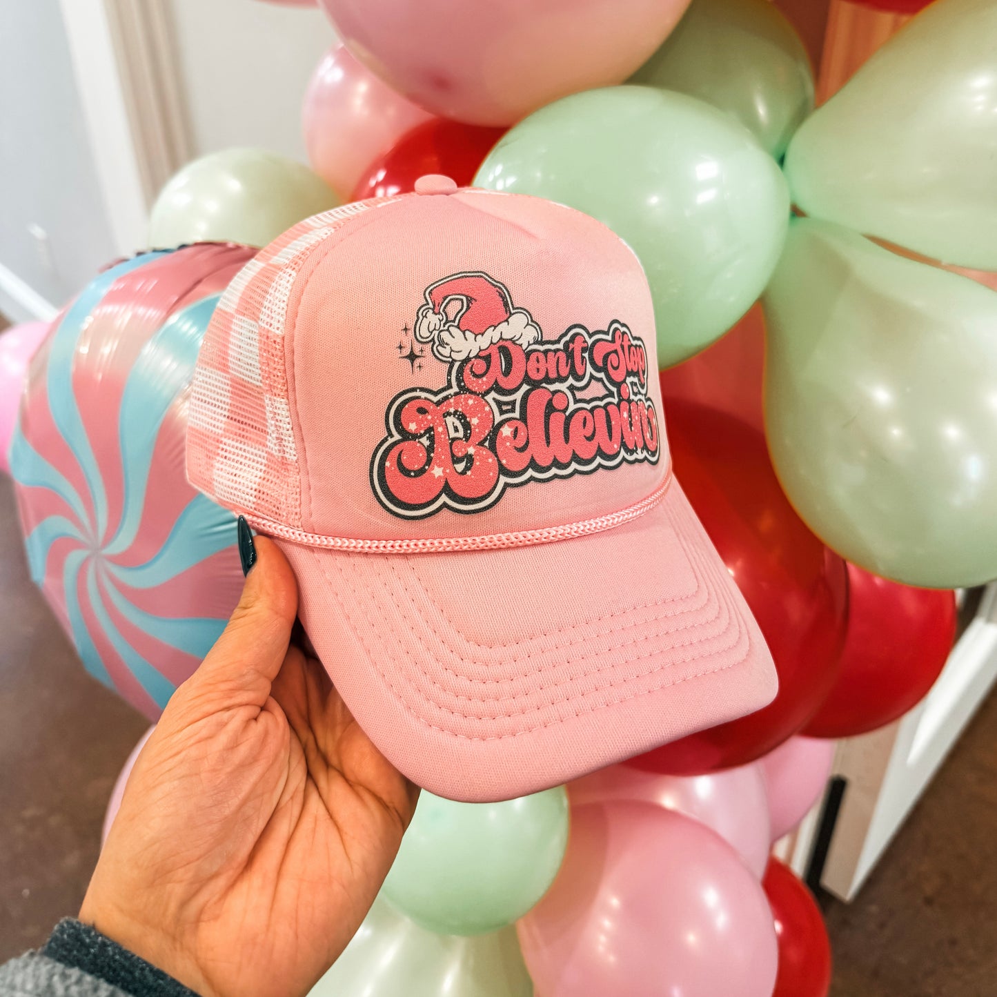 Don’t Stop Believin’ - Pink Checkered Trucker Hat
